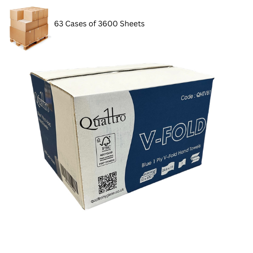 Pallet of Quattro Blue V-Fold Hand Towels 1ply 12x300 - 63 Cases